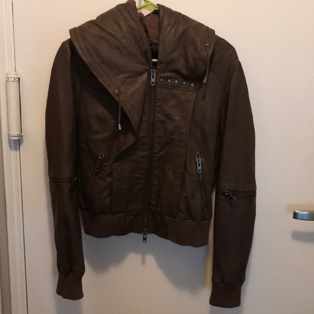 AllSaints brown leather bomber jacket